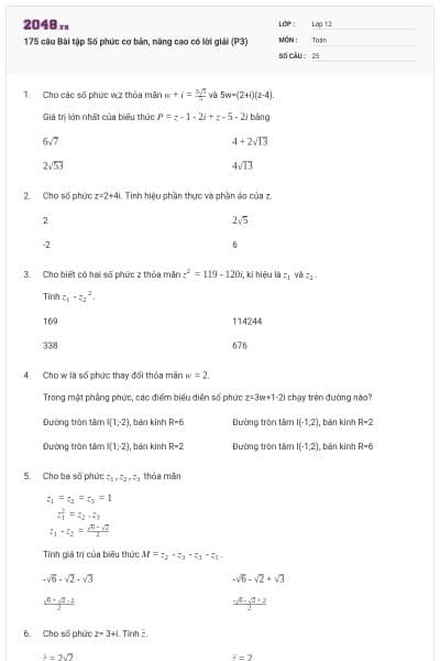 175 câu Bài tập Số phức cơ bản, nâng cao có lời giải (P3)