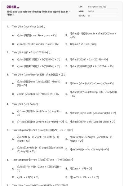 1000 câu trắc nghiệm tổng hợp Toán cao cấp có đáp án - Phần 1