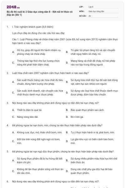 Bộ đề thi cuối kì 2 Giáo dục công dân 8 - Kêt nối tri thức có đáp án (Đề 1)