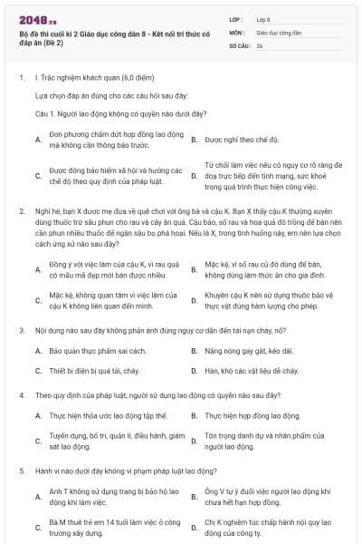 Bộ đề thi cuối kì 2 Giáo dục công dân 8 - Kêt nối tri thức có đáp án (Đề 2)