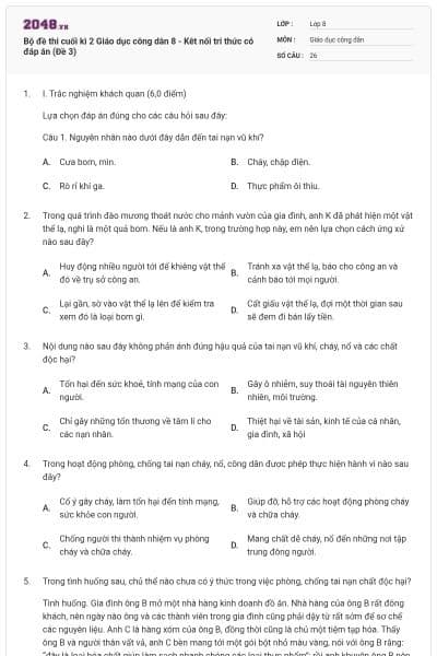Bộ đề thi cuối kì 2 Giáo dục công dân 8 - Kêt nối tri thức có đáp án (Đề 3)
