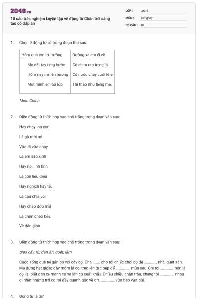 10 câu trắc nghiệm Luyện tập về động từ Chân trời sáng tạo có đáp án