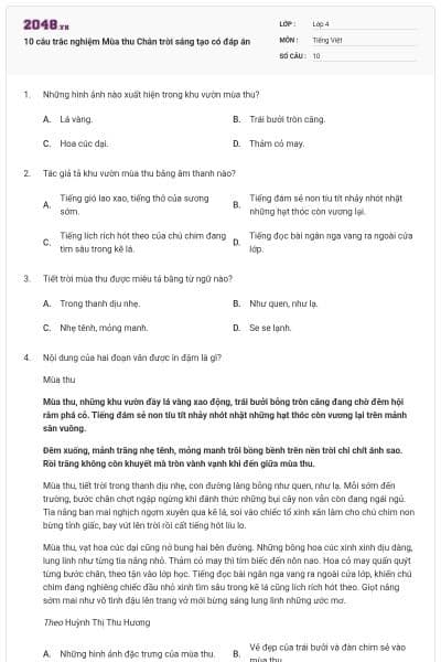 10 câu trắc nghiệm Mùa thu Chân trời sáng tạo có đáp án