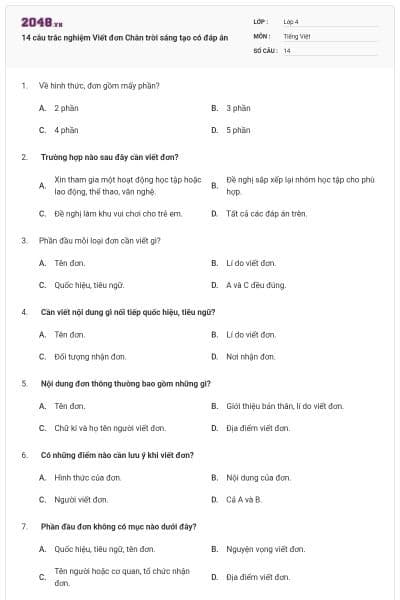 14 câu trắc nghiệm Viết đơn Chân trời sáng tạo có đáp án