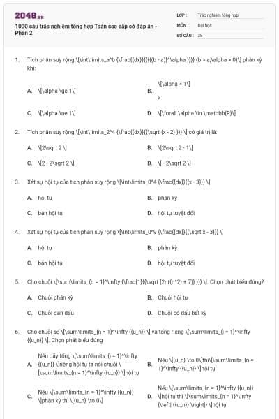 1000 câu trắc nghiệm tổng hợp Toán cao cấp có đáp án - Phần 2