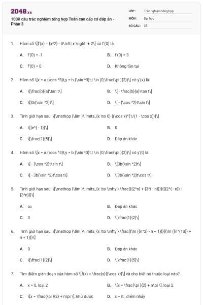 1000 câu trắc nghiệm tổng hợp Toán cao cấp có đáp án - Phần 3