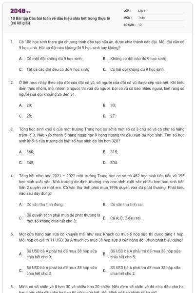 10 Bài tập Các bài toán về dấu hiệu chia hết trong thực tế (có lời giải)