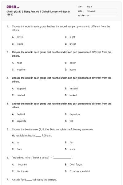 Đề thi giữa kì 2 Tiếng Anh lớp 8 Global Success có đáp án (đề 6)