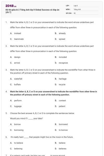 Đề thi giữa kì 2 Tiếng Anh lớp 8 Global Success có đáp án (đề 7)