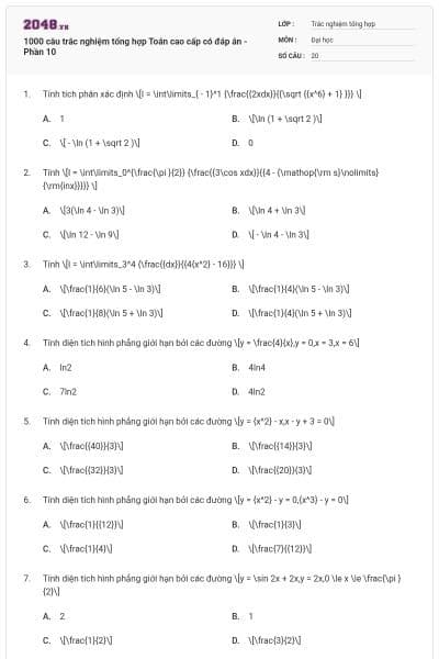 1000 câu trắc nghiệm tổng hợp Toán cao cấp có đáp án - Phần 10