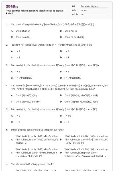 1000 câu trắc nghiệm tổng hợp Toán cao cấp có đáp án - Phần 11