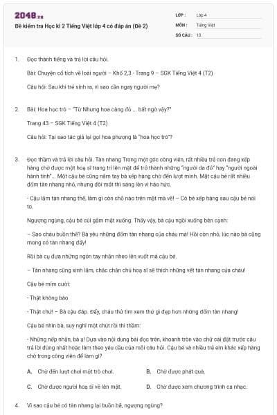 Đề kiểm tra Học kì 2 Tiếng Việt lớp 4 có đáp án (Đề 2)