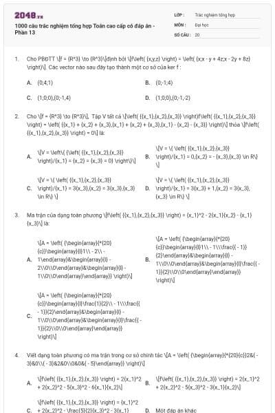 1000 câu trắc nghiệm tổng hợp Toán cao cấp có đáp án - Phần 13