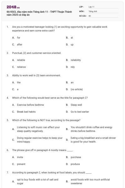 Đề KSCL đầu năm môn Tiếng Anh 11 - THPT Thuận Thành năm 2025 có đáp án