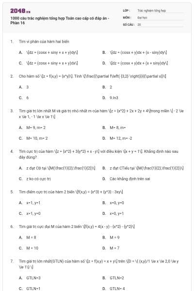 1000 câu trắc nghiệm tổng hợp Toán cao cấp có đáp án - Phần 16