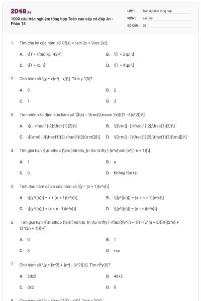 1000 câu trắc nghiệm tổng hợp Toán cao cấp có đáp án - Phần 18