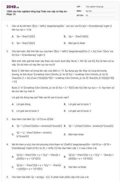 1000 câu trắc nghiệm tổng hợp Toán cao cấp có đáp án - Phần 19