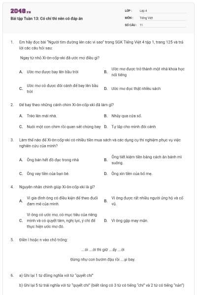 Bài tập Tuần 13: Có chí thì nên có đáp án