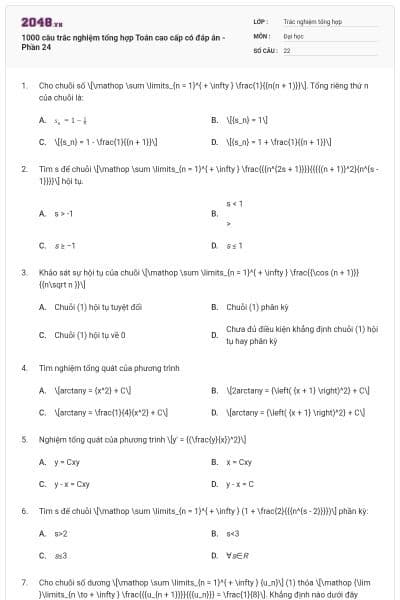 1000 câu trắc nghiệm tổng hợp Toán cao cấp có đáp án - Phần 24