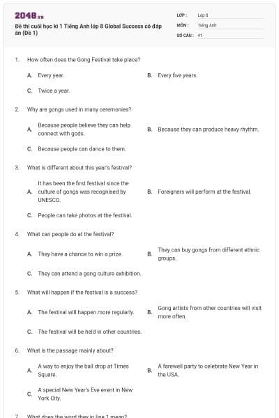Đề thi cuối học kì 1 Tiếng Anh lớp 8 Global Success có đáp án (Đề 1)