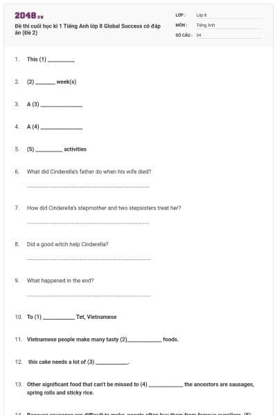 Đề thi cuối học kì 1 Tiếng Anh lớp 8 Global Success có đáp án (Đề 2)