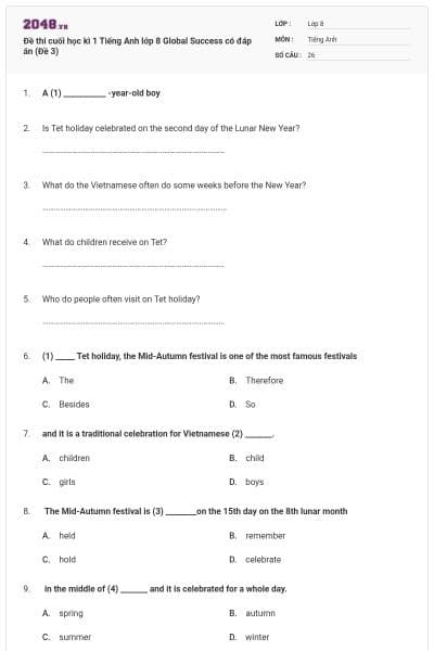 Đề thi cuối học kì 1 Tiếng Anh lớp 8 Global Success có đáp án (Đề 3)
