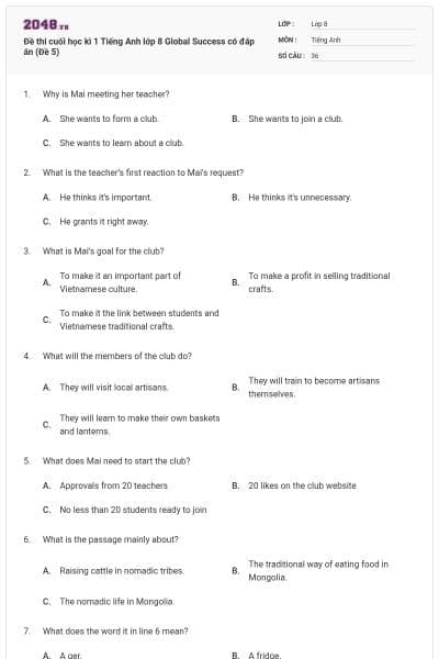 Đề thi cuối học kì 1 Tiếng Anh lớp 8 Global Success có đáp án (Đề 5)