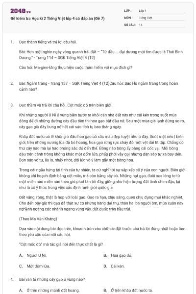 Đề kiểm tra Học kì 2 Tiếng Việt lớp 4 có đáp án (Đề 7)