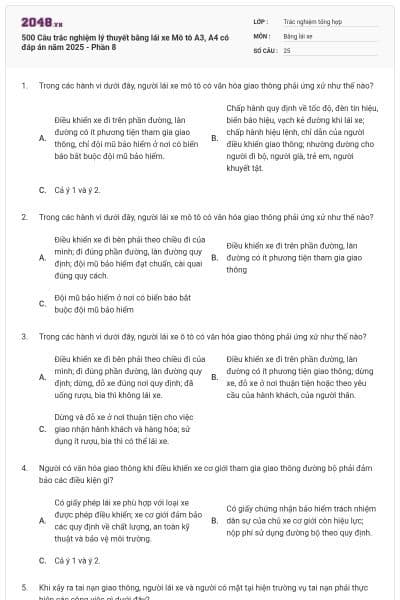 500 Câu trắc nghiệm lý thuyết bằng lái xe Mô tô A3, A4 có đáp án năm 2025 - Phần 8