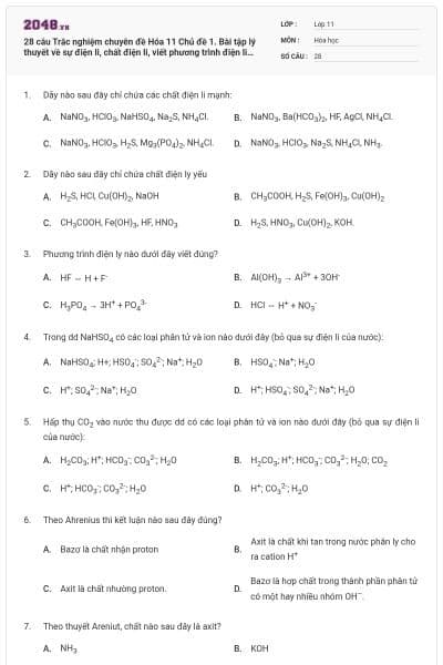 28 câu Trắc nghiệm chuyên đề Hóa 11 Chủ đề 1. Bài tập lý thuyết về sự điện li, chất điện li, viết phương trình điện li có đáp án