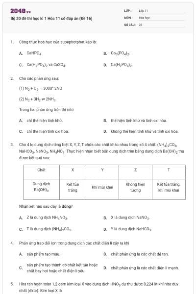 Bộ 30 đề thi học kì 1 Hóa 11 có đáp án (Đề 16)