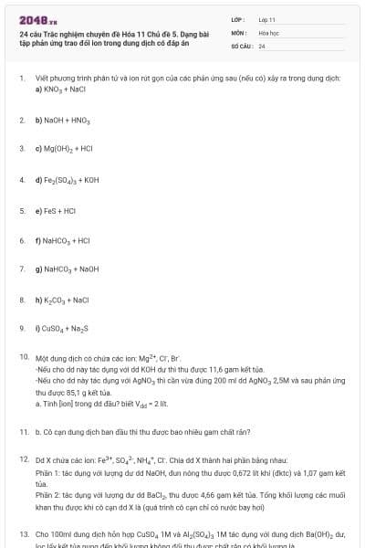 24 câu Trắc nghiệm chuyên đề Hóa 11 Chủ đề 5. Dạng bài tập phản ứng trao đổi ion trong dung dịch có đáp án