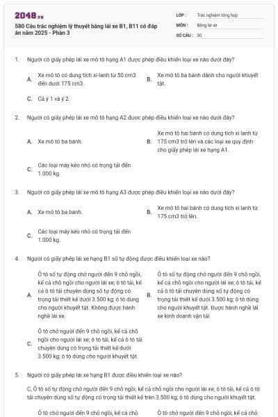580 Câu trắc nghiệm lý thuyết bằng lái xe B1, B11 có đáp án năm 2025 - Phần 3