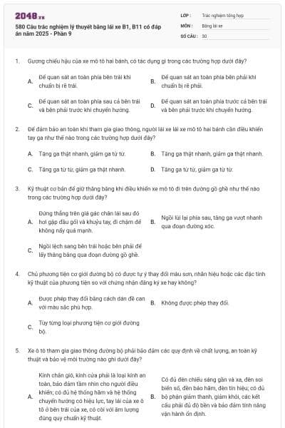 580 Câu trắc nghiệm lý thuyết bằng lái xe B1, B11 có đáp án năm 2025 - Phần 9