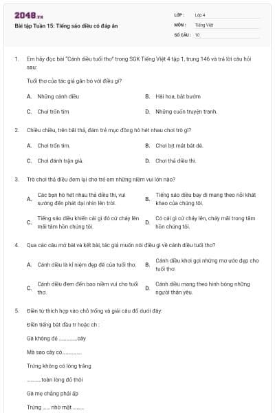 Bài tập Tuần 15: Tiếng sáo diều có đáp án