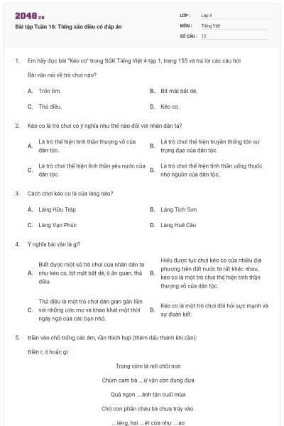 Bài tập Tuần 16: Tiếng sáo diều có đáp án