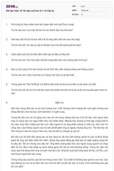 Bài tập Tuần 18: Ôn tập cuối học kì 1 có đáp án