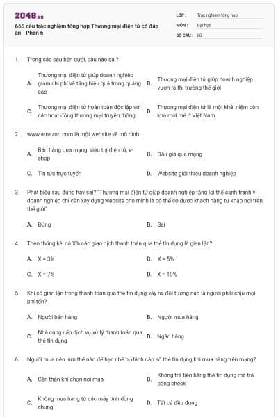 665 câu trắc nghiệm tổng hợp Thương mại điện tử có đáp án - Phần 6