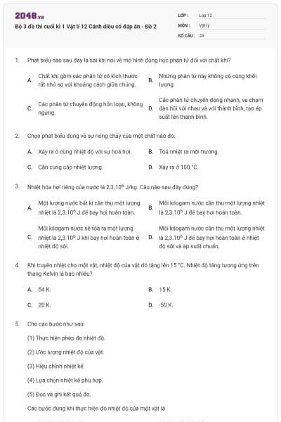 Bộ 3 đề thi cuối kì 1 Vật lí 12 Cánh diều có đáp án - Đề 2