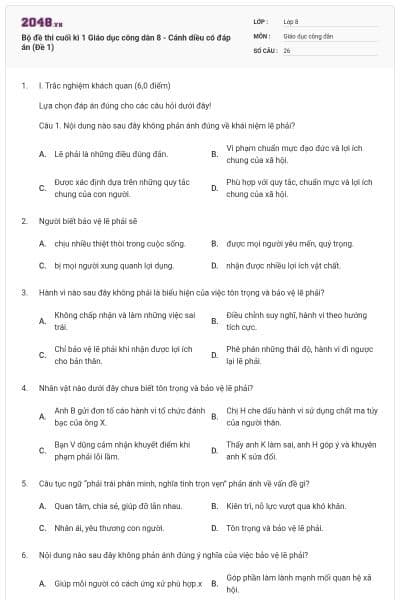 Bộ đề thi cuối kì 1 Giáo dục công dân 8 - Cánh diều có đáp án (Đề 1)