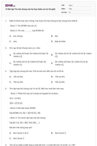 10 Bài tập Tìm bội chung của hai hay nhiều số (có lời giải)