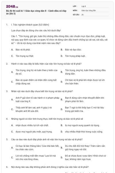 Bộ đề thi cuối kì 1 Giáo dục công dân 8 - Cánh diều có đáp án (Đề 3)
