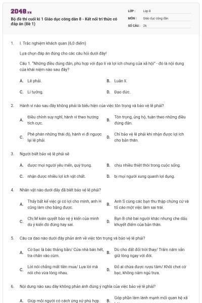 Bộ đề thi cuối kì 1 Giáo dục công dân 8 - Kết nối tri thức có đáp án (Đề 1)
