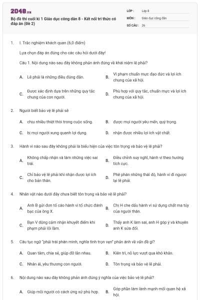 Bộ đề thi cuối kì 1 Giáo dục công dân 8 - Kết nối tri thức có đáp án (Đề 2)