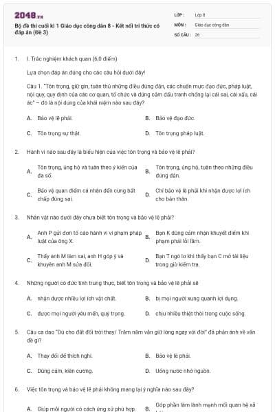 Bộ đề thi cuối kì 1 Giáo dục công dân 8 - Kết nối tri thức có đáp án (Đề 3)
