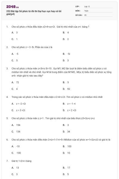 253 Bài tập Số phức từ đề thi Đại học cực hay có lời giải(p4)