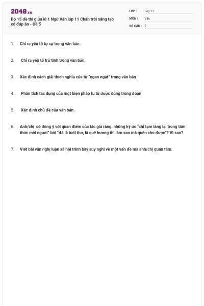 Bộ 15 đề thi giữa kì 1 Ngữ Văn lớp 11 Chân trời sáng tạo có đáp án - Đề 5