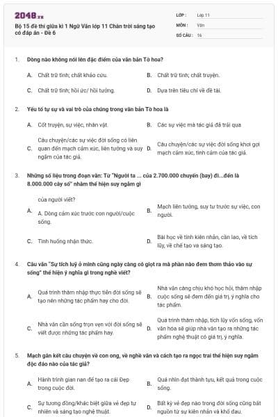 Bộ 15 đề thi giữa kì 1 Ngữ Văn lớp 11 Chân trời sáng tạo có đáp án - Đề 6
