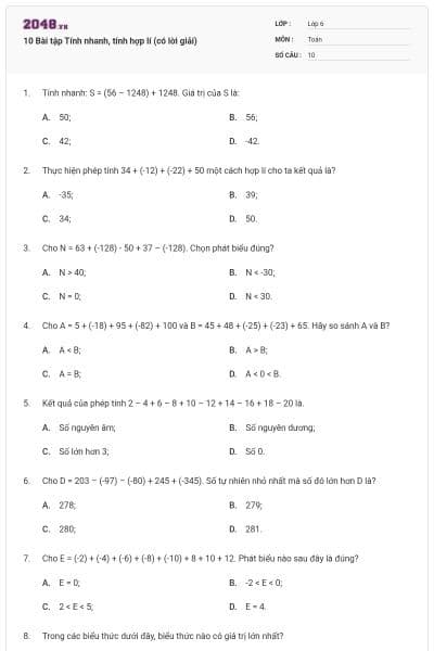 10 Bài tập Tính nhanh, tính hợp lí (có lời giải)