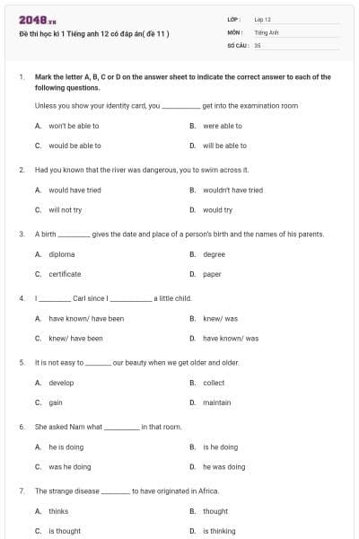 Đề thi học kì 1 Tiếng anh 12 có đáp án( đề 11 )